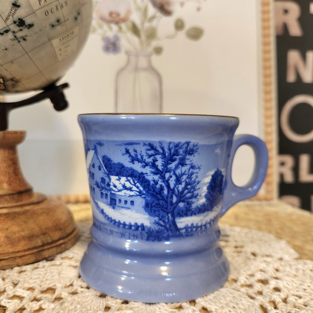 Currier and Ives‎ Blue Transferware Shaving Mug The Homestead in Winter Gold Rim
